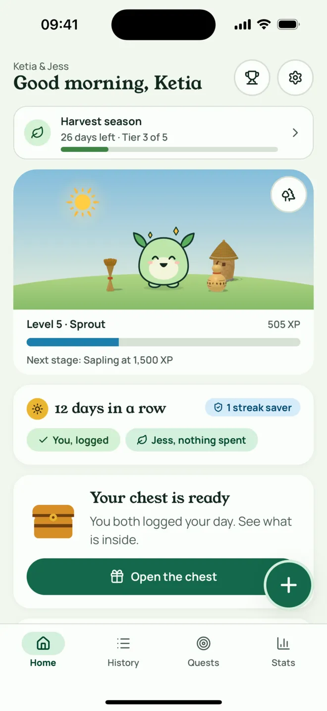 Kola Duo home screen: Kola in a sunny field, a 12-day shared streak, and a chest ready to open.