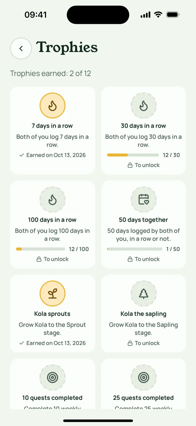 Trophies screen: the first one is earned when both of you log 7 days in a row.